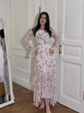 2024 Summer Chiffon Flower Leaf Sleeves Long-Sleeves Illustuff Irregular Dress