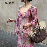 Holiday Fairy Pink Broken Flower Dress Design Feeling Lotus Leaf Side Flowing Long Dress 2024 New Model