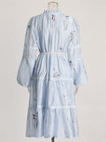 Temperament Elegant Style Dress 2025 Summer New Embroidery Printing V-Neck Lantern Sleeve Tied Dress Dress Woman