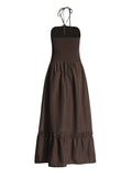 Temperament Gentle Wind 2025 Summer New Splicing Convex Flowers Decorated Hanging Neck Silk Dress Woman