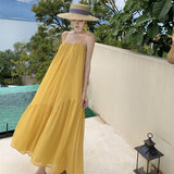 Seaside Holiday Yellow Bareback Sling Skirt Chiffon Design Long Dress Thai Bali Beach Dress