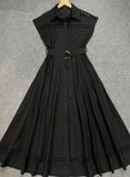 Spring And Summer Holiday Wind Collar Lace Splicing Hollow Belt Shirt Dress Dress