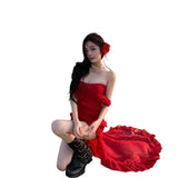 Sexy Pure Lust Wind Heavy Industry Lotus Side Drag Tail Irregular Braid Dress Holiday Red Chiffon Dress