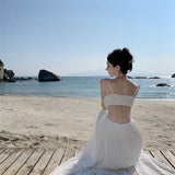 Breast Slings White Languing Folded Long Skirt Banquet Dress Holiday 100 Folded Beach Dress Girl