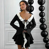 Women's Clothing Hit The Color Lotus Leaf Side Horn Long-Sleeved Lace Elegant Style Skirt DJPT