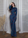 Fashion Summer Long Sleeve Fashion Round-Neck Ice Silk Breathable Flower Print Lady Dress