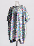 Trendy Plus-Size Dress 2025 Spring Round Collar Laser Lequine Cover Meat Middle And Long Dress Woman