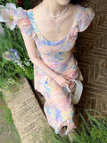 Oil Painting Pink Dress Women's New Summer Temperament To Collect Waist Thin Sling Skirt Holiday Long Broken Floral Dress HZ0628