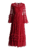 Retro Style Personality 2025 Summer New Round Collar Long Horn Sleeve Wood Ear Mesh Mesh Stitching Dress