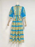 Autumn New French Retro Printing Splicing Process Single Buckle Belt Belt Waist Long Dress Dress Woman