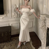 One-Word Shoulder Dress Female Spring And Autumn Dress High-End Feeld With The Evening Dress Waist Temperament Fishtail Dress