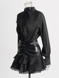 Temperament Sister Style Dress Woman 2025 Summer High-Grade Folded Long Sleeve High-Waisted Leaf Side Short Dress Women's Dress
