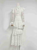 Summer New Collar Horn Long Sleeve With Waist Hollow Lace Dress Suit Woman