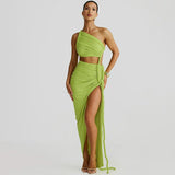 Irregular Shoulder Wrinkled Chest Skirt Woman 2025 Summer New Sexy Bare-Backed Rope Open Fork Dress HZ0628