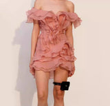 Holiday Wind Shoulder Short Dress 2025 New V Collar Shoulder Lotus Side Flower Dress Female High Sense