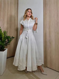 Spring And Summer Holiday Wind Collar Lace Splicing Hollow Belt Shirt Dress Dress