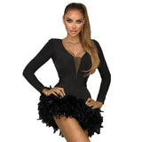 Fashion Feather Bandage Dress Sexy V-Neck Mesh Yarn Long-Sleeved Party Dress