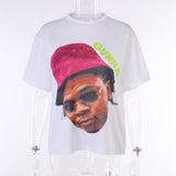 Basic Round-Neck Portrait Print Short-Sleeved T-Shirt Girl Summer Bhuff Loose Casual Top DJPT