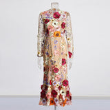 Retro-Colored Floral Embroidery Design For The Summer Of 2025 New Round-Neck Long-Sleeved Heavyweight High-Waisted Dress Woman