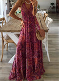 2025 Bohemian New Sling Dress High-Waist V-Neck Print Floral Dress Women's Dress DJPT