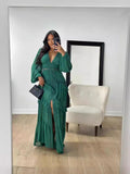 2024 Elegant Splicing Long-Sleeved V-Neck Dress Women's Long Dress