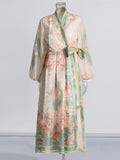 Literary And Art Vintage Dress 2025 Summer New V-Neck Print Lantern Sleeve High-Waisted Dress Woman