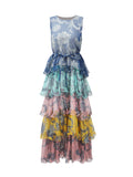Retro Niche Print Cake Dress 2025 Summer New Hanging Neck Sleeveless Long Dress Woman