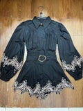 Australian Vintage Lantern Sleeve Flower Embroidered White Shirt + High-Rise Thin Belt Shorts Set