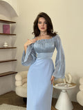 Square Collar Splicing Folded Silk Light Sweet Solid Color Horn Sleeve Bag Hip Dress