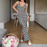 Women's Summer U Tie Sling Skirt Striped Knitted Sexy Dress