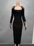 Autumn/Winter Dress French Women's Dress Handmade Color Diamond Long-Sleeved Collar Knitted Evening Dress