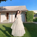 Holiday Atmosphere Feel Dress Women Folded Deep V Hanging Neck Dress Pure Lusty Style Big Back Cake Dress