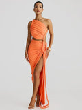 Irregular Shoulder Wrinkled Chest Skirt Woman 2025 Summer New Sexy Bare-Backed Rope Open Fork Dress HZ0628