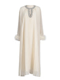 Selling Explosion Famous Wind 2025 Spring New Round Collar Studded Hundred Folded Ostrich Hair Pure Color Dress