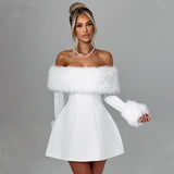 Women's Autumn And Winter One-Word Shoulder Hair Collar Sexy Hot Girl A Short Skirt DJPT