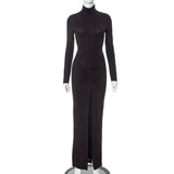 Solid Color High-Collar Long Sleeves Creded High-Waisted Dress DJPT