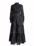 Famous Wind 2025 Summer New Lace Collar Long Sleeves Bare Waist Shirt High Waist Half Dress Solid Two Sets