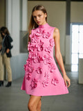 Dress Women 2025 New Fashion High-End Collar Three-Dimensional Flowers Splicing Vest Skirt