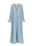 Selling Explosion Famous Wind 2025 Spring New Round Collar Studded Hundred Folded Ostrich Hair Pure Color Dress