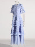 Elegant Dress 2025 Spring New Round Neck Pressure Folding Mesh Splicing Wave Point Cake Skirt