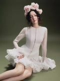 A-Word Puffed Dress Vietnamese Niche Autumn Collared Horn Sleeves Single-Clip-Enveheded Butbum Skirt Skirt