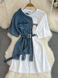 Hong Kong Flavor Temperament With Belt Round Tie Color Denim Shirt Spring New Chic Leisure Medium DJPT