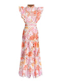 Bohemian Style Elegant Wind 2025 Summer Round Lead Flying Sleeves To Close The Waist Chopped Flower Long Dress Woman