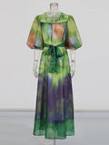 Court Style Dress 2025 Spring New Round Lantern Sleeves Gradually Swing Mid-Long Dress Women's Dress