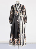 Literary And Art Vintage Dress 2025 Summer New V-Neck Print Lantern Sleeve High-Waisted Dress Woman