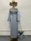 Square Collar Splicing Folded Silk Light Sweet Solid Color Horn Sleeve Bag Hip Dress
