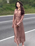 Summer New French Collar Temperament Waist Solid-Colored Cardigan Dress
