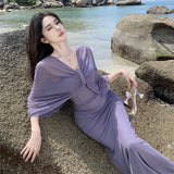 Design Pure Luster Brae-Shaped Shoulder Dress Studded Temperament Banquet Seaside Holiday Dress