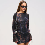 Women's Fashion Positioning Print Long-Sleeved Ass Short Skirt DJPT