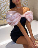 Night Club Dress Bow Tight Body Dress Sexy Dew Women's Two Sets DJPT